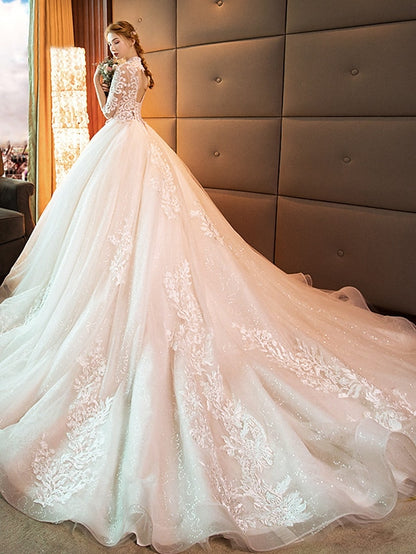 Engagement Sparkle & Shine Formal Wedding Dresses Ball Gown High Neck Long Sleeve Cathedral Train Lace Bridal Gowns With Sequin Appliques 2023 Summer Wedding Party, Women's Clothing - LuckyFash™