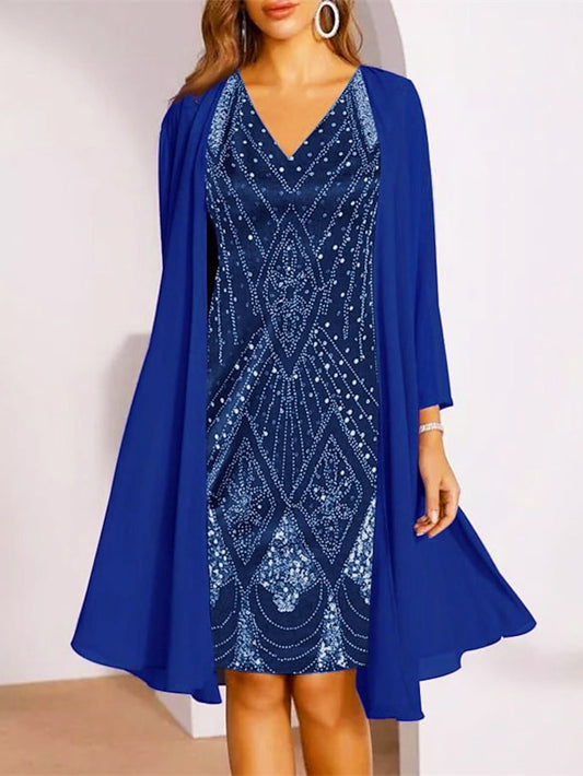 Women's Dress - Dress Set Two Piece Dress Church Dress Midi Dress Black Wine Purple Long Sleeve Geometric Print Summer Spring Fall V Neck Fashion Wedding Guest Spring Dress 2023 M L XL XXL 3XL