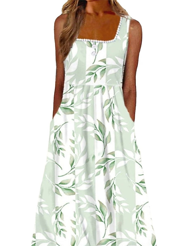 Women's Dress - Casual Dress Shift Dress Tank Dress Floral Ruched Button Square Neck Midi Dress Fashion Streetwear Outdoor Daily Sleeveless Regular Fit Blue Green Summer Spring S M L XL XXL
