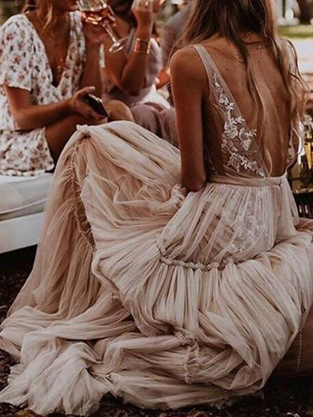Beach Sexy Boho Wedding Dresses A-Line V Neck Sleeveless Floor Length Tulle Bridal Gowns With Appliques 2023 Summer Wedding Party, Women's Clothing - LuckyFash™