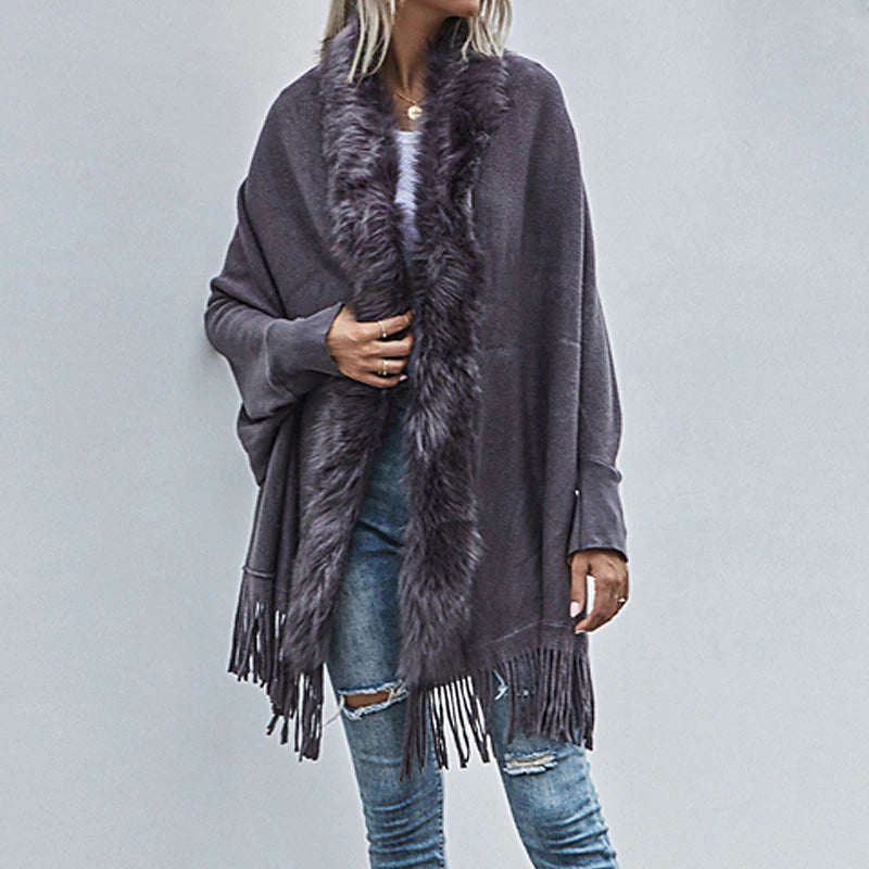 Women's Poncho Sweater Open Front Ribbed Knit Acrylic Tassel Knitted Fall Winter Tunic Outdoor Daily Going out Stylish Casual Soft Long Sleeve Pure Color Black Pink Wine S M L