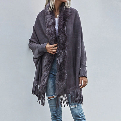 Women's Poncho Sweater Open Front Ribbed Knit Acrylic Tassel Knitted Fall Winter Tunic Outdoor Daily Going out Stylish Casual Soft Long Sleeve Pure Color Black Pink Wine S M L