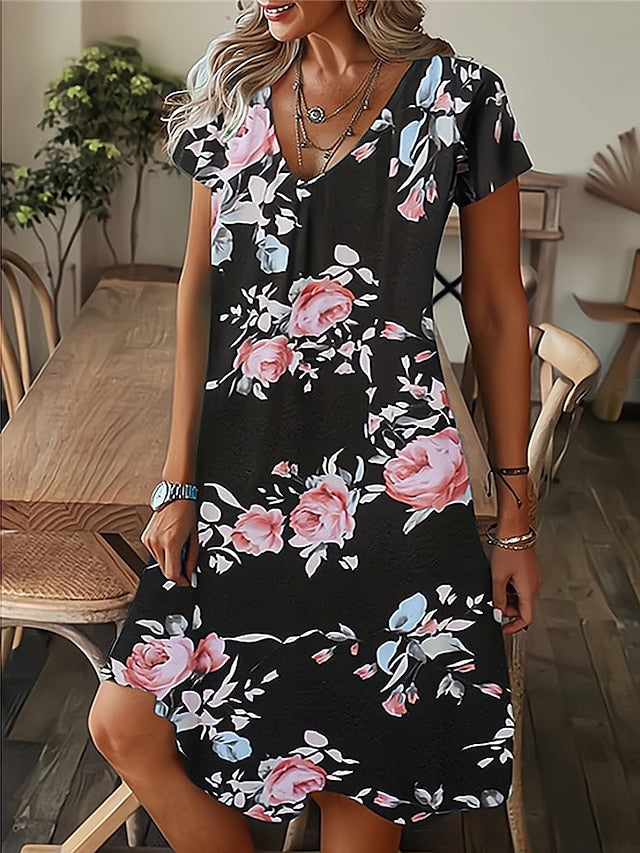 Women's Dress - Casual Dress Summer Dress Print Dress Leaf Floral Print V Neck Midi Dress Fashion Modern Outdoor Daily Short Sleeve Regular Fit Black White Yellow Summer Spring S M L XL XXL