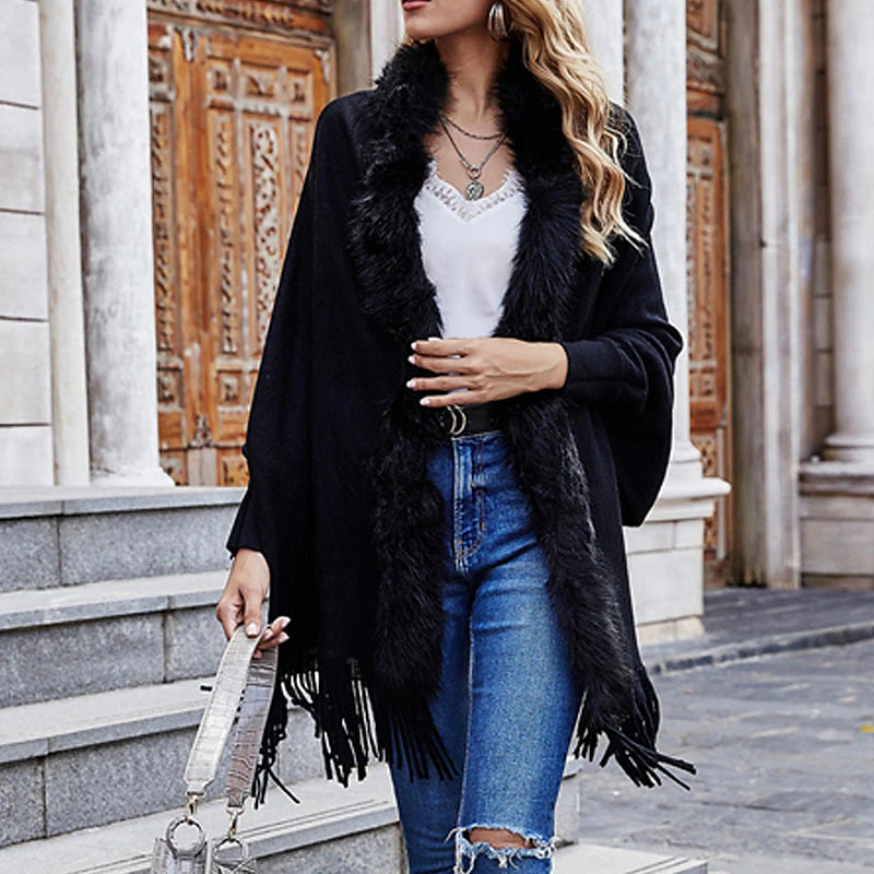 Women's Poncho Sweater Open Front Ribbed Knit Acrylic Tassel Knitted Fall Winter Tunic Outdoor Daily Going out Stylish Casual Soft Long Sleeve Pure Color Black Pink Wine S M L