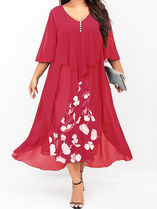 Women's Plus Size Curve Work Dress Floral V Neck Ruched 3/4 Length Sleeve Spring Summer Work Elegant Midi Dress  Layered Formal Vacation Dress - LuckyFash™