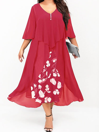 Women's Plus Size Curve Work Dress Floral V Neck Ruched 3/4 Length Sleeve Spring Summer Work Elegant Midi Dress  Layered Formal Vacation Dress - LuckyFash™