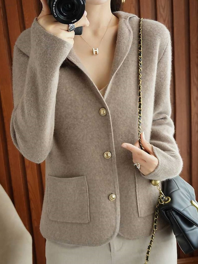 Women's Cardigan Shirt Collar Ribbed Knit Polyester Button Pocket Knitted Fall Winter Short Outdoor Daily Going out Stylish Casual Soft Long Sleeve Solid Color Purple Beige S M L