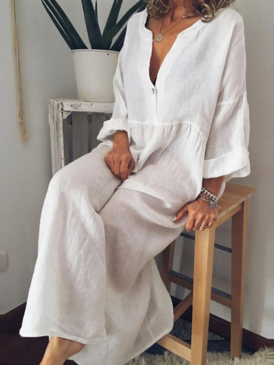 Women's Dress - Casual Dress Cotton Dress Shift Dress Maxi long Dress Cotton Casual Winter Dress Daily Holiday Split Neck Button Rolled Cuff Long Sleeve Spring Fall Winter 2023 Loose Fit Black White Yellow