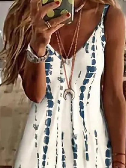 Women's Dress - Casual Dress Strap Dress Tank Dress Mini Dress White Sleeveless Geometric Print Summer Spring V Neck Vacation Summer Dress 2023 S M L XL XXL 3XL