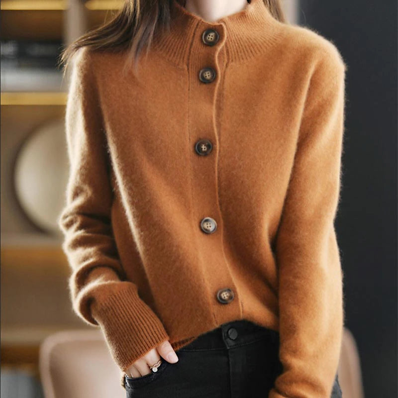 Women's Cardigan Sweater Stand Collar Knit Acrylic Button Knitted Fall Winter Outdoor Home Daily Stylish Basic Casual Long Sleeve Pure Color Camel Brown Beige One-Size S M