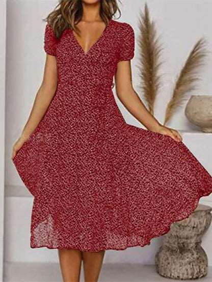 Women's Dress - Casual Dress Swing Dress Floral Dress Midi Dress Black Wine Red Short Sleeve Ditsy Floral Print Summer Spring V Neck Fashion Vacation Loose Fit 2023 S M L XL XXL 3XL