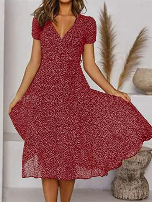 Women's Dress - Casual Dress Swing Dress Floral Dress Midi Dress Black Wine Red Short Sleeve Ditsy Floral Print Summer Spring V Neck Fashion Vacation Loose Fit 2023 S M L XL XXL 3XL