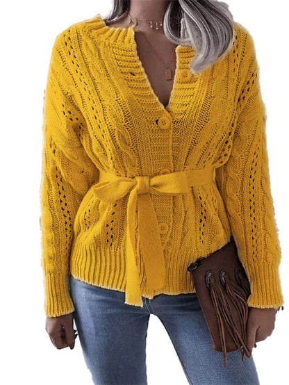 Women's Cardigan Sweater Jumper Cable Knit Lace up Button Pure Color Crew Neck Stylish Casual Outdoor Daily Winter Fall Purple Yellow S M L / Cotton / Long Sleeve / Cotton / Holiday / Regular Fit