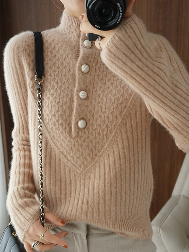 Women's Cardigan Stand Collar Ribbed Knit Polyester Button Knitted Fall Winter Regular Outdoor Daily Going out Stylish Casual Soft Long Sleeve Solid Color White Khaki S M L