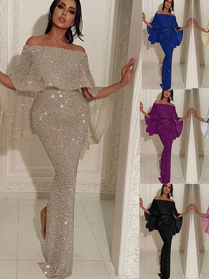 Women's Dress - Formal Party Dress Cocktail Dress Long Dress Maxi Dress Silver Black Champagne Half Sleeve Pure Color Cold Shoulder Winter Fall Spring Off Shoulder Mature Evening Party Wedding