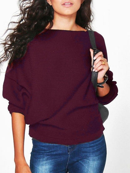 Women's Pullover Knitted Solid Color Stylish Basic Casual Long Sleeve Batwing Sleeve Regular Fit Regular Sweater Cardigans Boat Neck Fall Winter Blue Wine Black / Going out