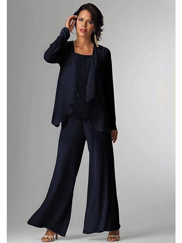 Jumpsuit / Pantsuit 3 Piece Mother of the Bride Dress Formal Plus Size Elegant Wrap Included Bateau Neck Floor Length Chiffon Sleeveless with Lace 2023 - LuckyFash™