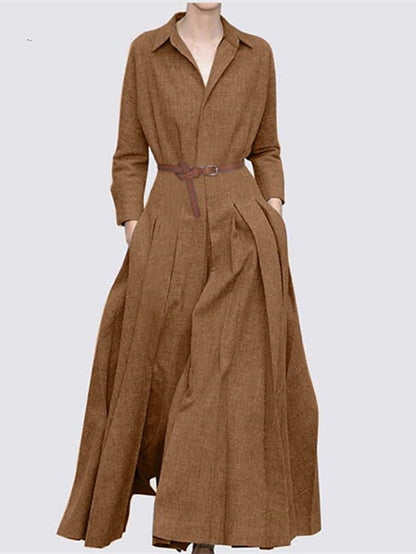 Women's Dress - Shirt Dress Work Dress Formal Dress Maxi long Dress Outdoor Winter Dress Office Polyester Fashion Formal V Neck Lace up Ruched Long Sleeve Summer Spring Fall 2023 Regular Fit Black Camel Gray