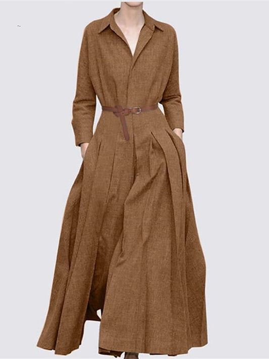 Women's Dress - Shirt Dress Work Dress Formal Dress Maxi long Dress Outdoor Winter Dress Office Polyester Fashion Formal V Neck Lace up Ruched Long Sleeve Summer Spring Fall 2023 Regular Fit Black Camel Gray
