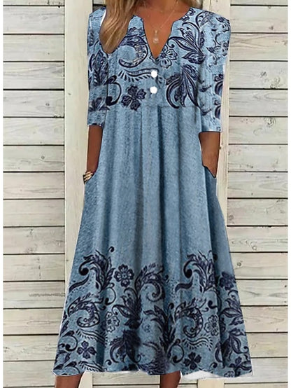 Women's Dress - Casual Dress Ethnic Dress Midi Dress Blue Half Sleeve Floral Print Summer Spring V Neck Casual 2023 S M L XL XXL 3XL