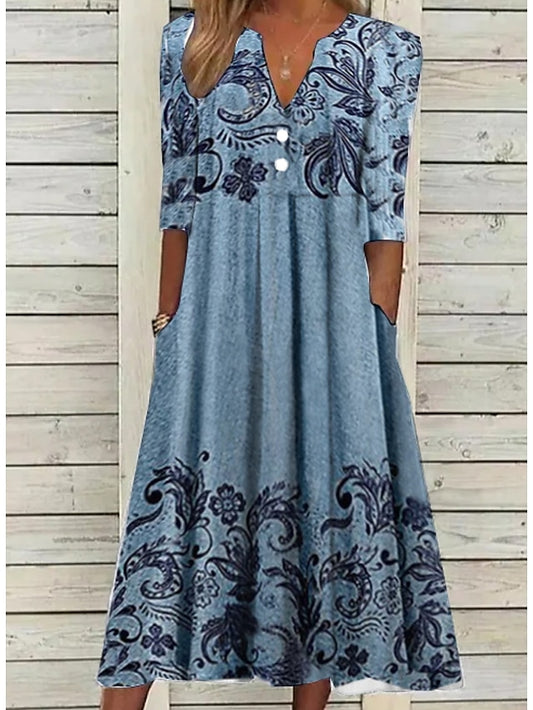 Women's Dress - Casual Dress Ethnic Dress Midi Dress Blue Half Sleeve Floral Print Summer Spring V Neck Casual 2023 S M L XL XXL 3XL