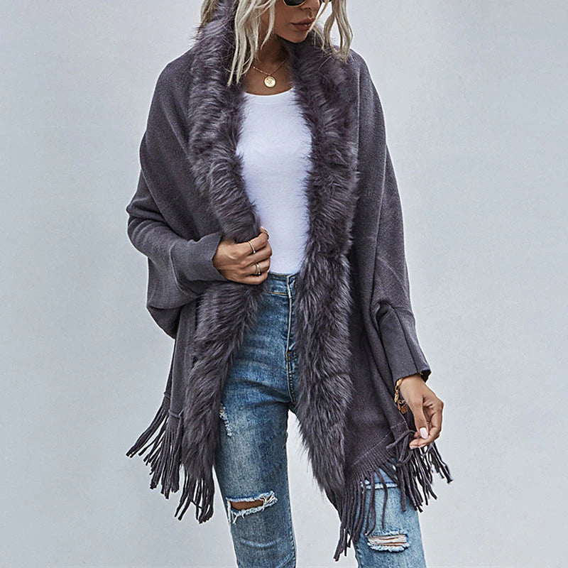 Women's Poncho Sweater Open Front Ribbed Knit Acrylic Tassel Knitted Fall Winter Tunic Outdoor Daily Going out Stylish Casual Soft Long Sleeve Pure Color Black Pink Wine S M L