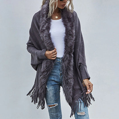 Women's Poncho Sweater Open Front Ribbed Knit Acrylic Tassel Knitted Fall Winter Tunic Outdoor Daily Going out Stylish Casual Soft Long Sleeve Pure Color Black Pink Wine S M L