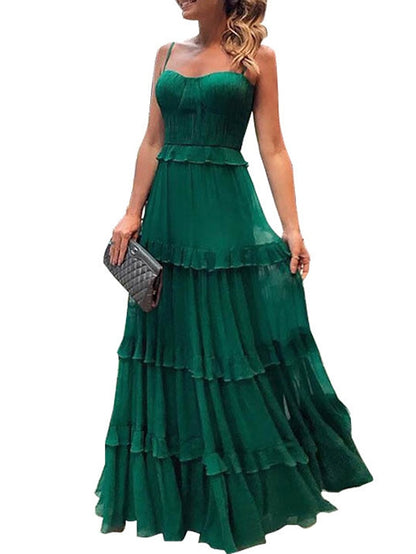 Women's Dress - Prom Party Dress Swing Dress Emerald Green Dress Long Dress Maxi Dress Green Sleeveless Pure Color Ruffle Spring Summer Spaghetti Strap Romantic Slim 2023 S M L XL