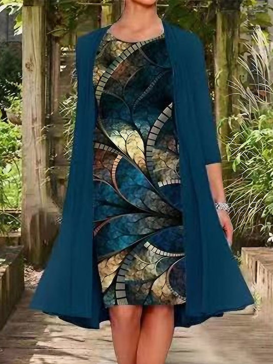 Women's Dress - Two Piece Dress Set Shift Dress Chiffon Dress Daily Going out Casual Print Midi Dress Crew Neck 3/4 Length Sleeve Floral Regular Fit Navy Blue Light Purple Purple Summer Spring M L XL XXL XXXL