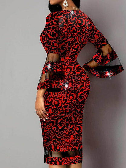 Women's Dress - Party Dress Bodycon Sheath Dress Midi Dress Red Green 3/4 Length Sleeve Floral Mesh Summer Spring V Neck Fashion Party Vacation 2023 S M L XL XXL