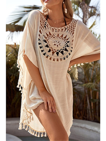 Women's Dress - Swimwear Cover Up Beach Dress Normal Swimsuit UV Protection Tassel Printing Hole Pure Color Black Beige White Scoop Neck Bathing Suits New Vacation Daily
