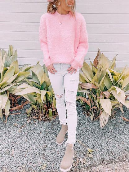 Women's Pullover Sweater Jumper Crew Neck Fuzzy Knit Polyester Oversized Fall Winter Regular Going out Weekend Stylish Casual Soft Long Sleeve Pure Color Black White Army Green S M L