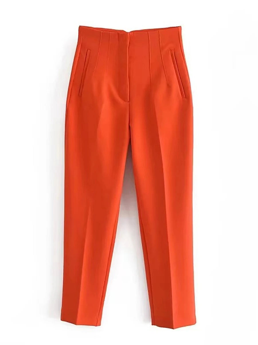 Women's Dress Pants Polyester Solid Color claret Orange red Fashion High Waist Full Length Office Street Fall Winter