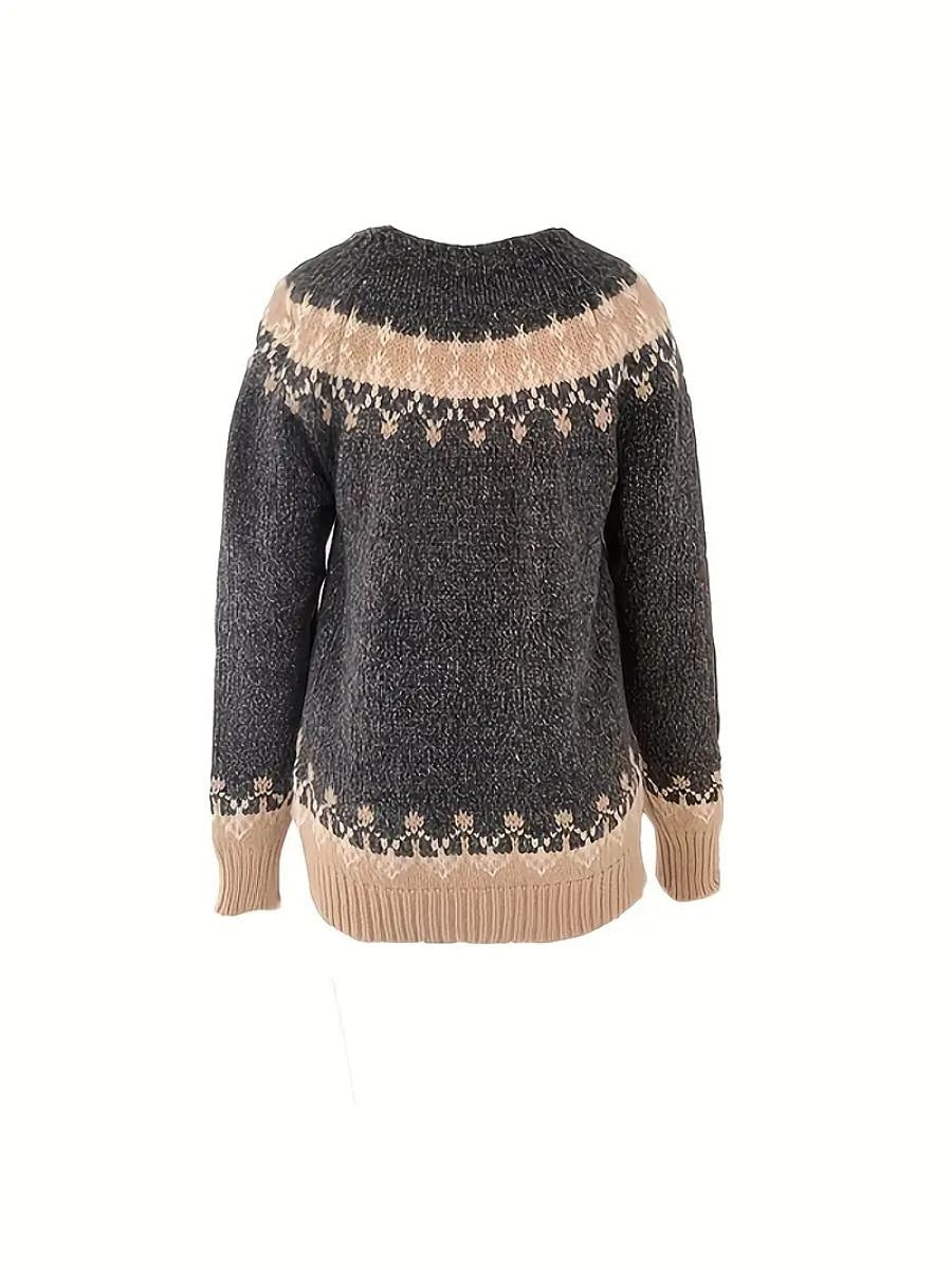 Women's Pullover Sweater Jumper Crew Neck Chunky Knit Knitted Drop Shoulder Fall Winter Daily Holiday Going out Vintage Style Casual Long Sleeve Geometric Black Wine Blue S M L