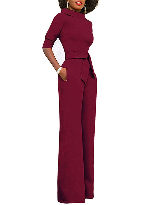 Jumpsuits for Women Summer Dressy Clean Fit Pocket High Waist Solid Color Stand Collar Business Office Work Regular Fit Half Sleeve Black White Yellow S M L - LuckyFash™