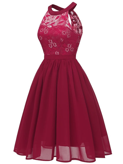 Women's Dress - Party Dress Wedding Guest Lace Dress A Line Dress Midi Dress Pink Wine Navy Blue Sleeveless Pure Color Lace Summer Spring Halter Party Slim 2023 S M L XL XXL