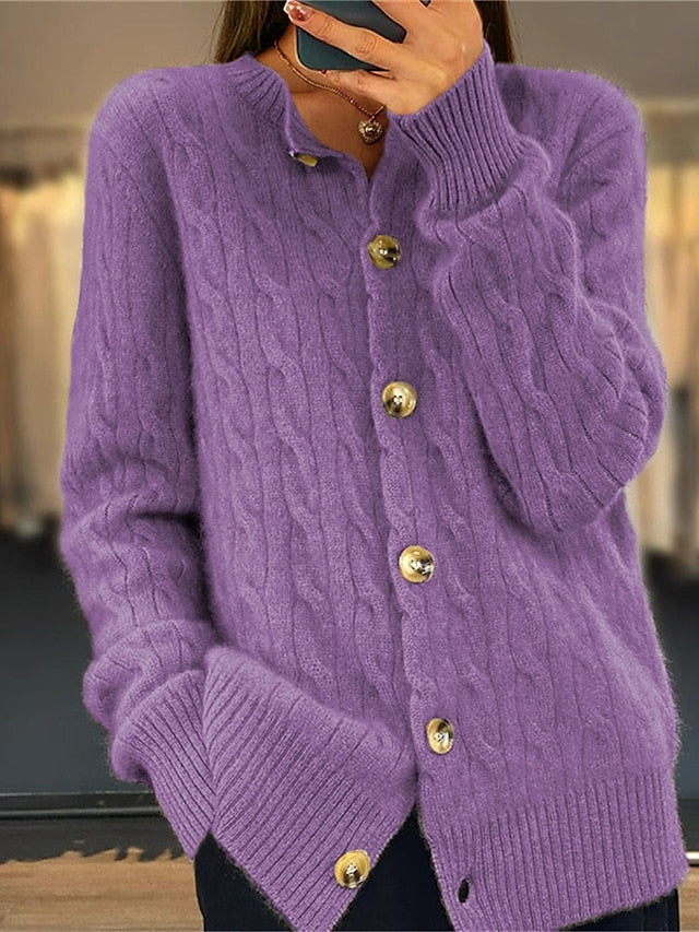 Women's Cardigan Crew Neck Cable Knit Acrylic Button Knitted Fall Winter Regular Outdoor Daily Going out Fashion Streetwear Casual Long Sleeve Solid Color White Pink Camel S M L