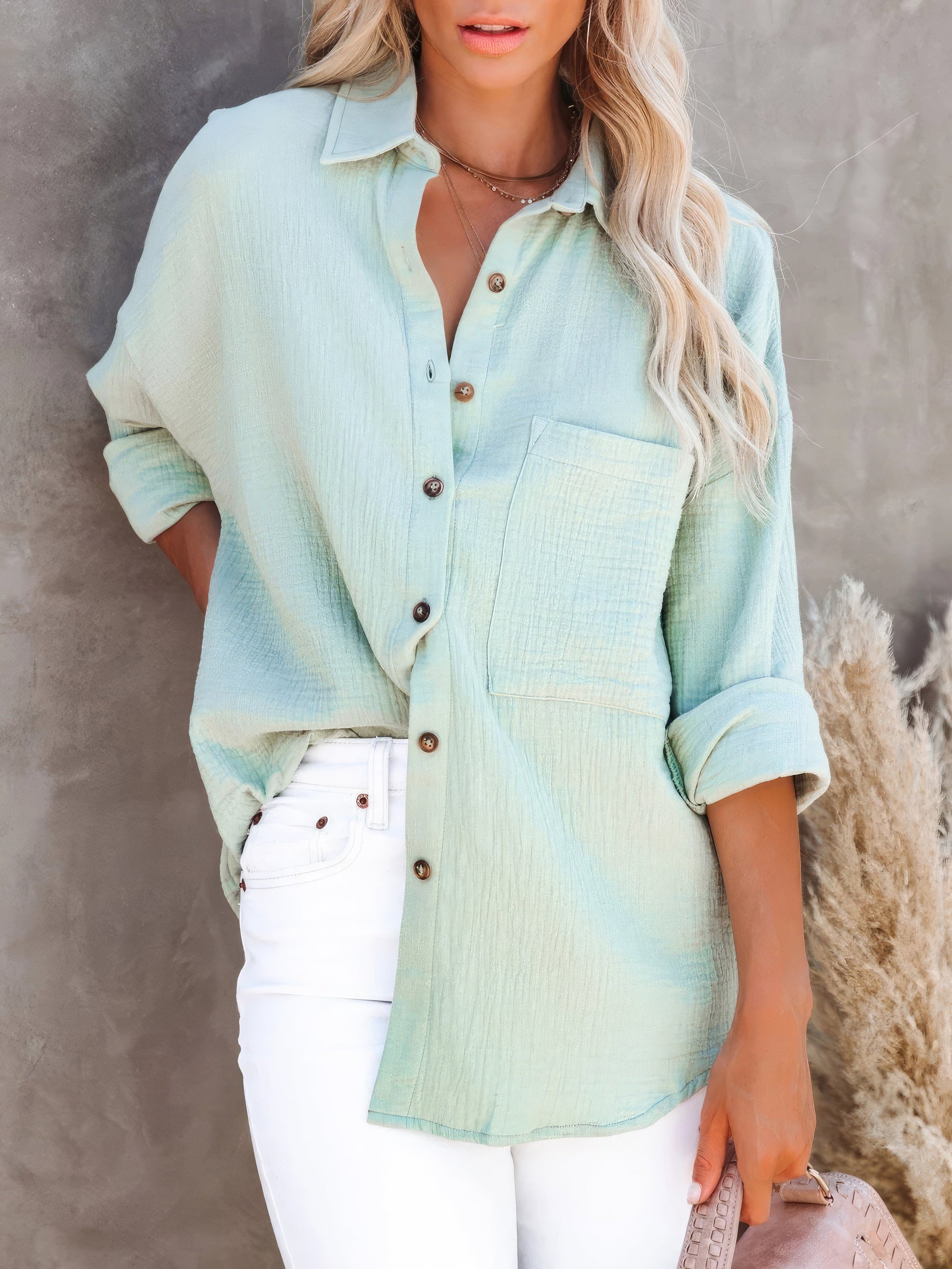 Blouses - Simple Long Sleeve V-Neck Button Blouses - MsDressly