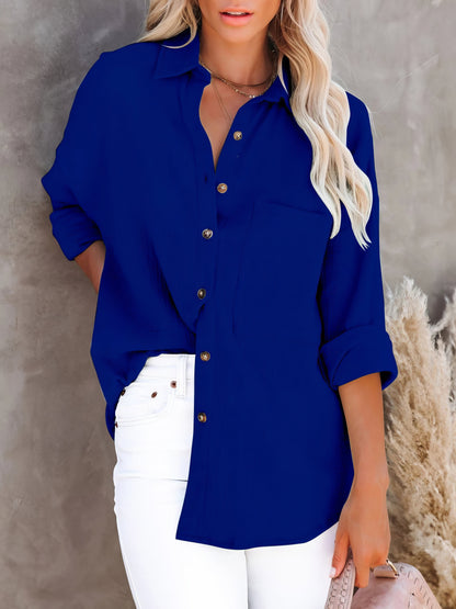 Blouses - Simple Long Sleeve V-Neck Button Blouses - MsDressly