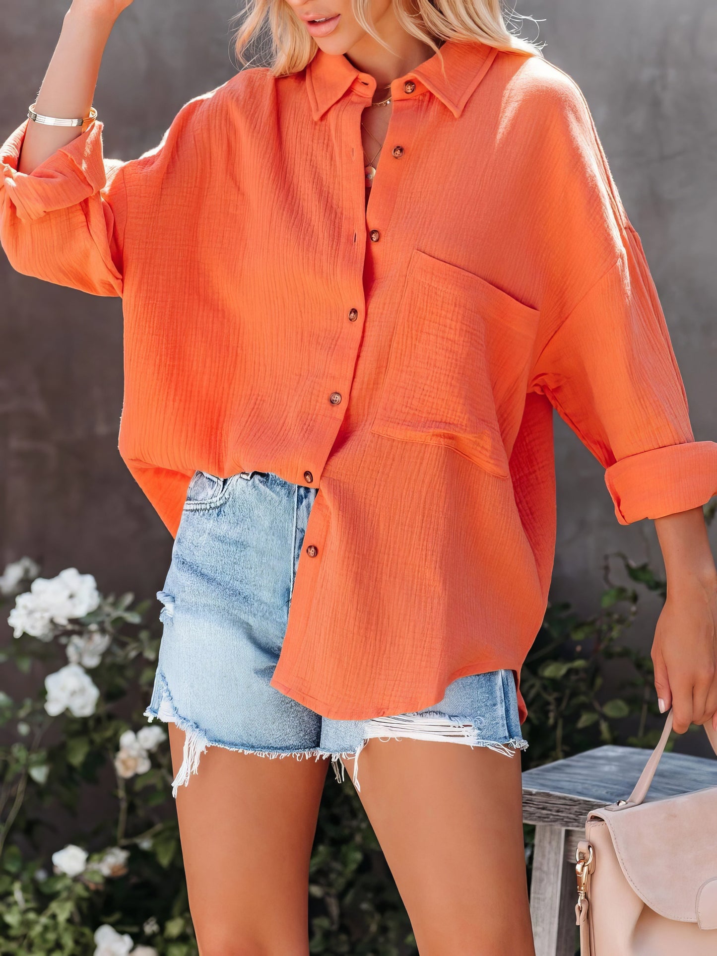 Blouses - Simple Long Sleeve V-Neck Button Blouses - MsDressly