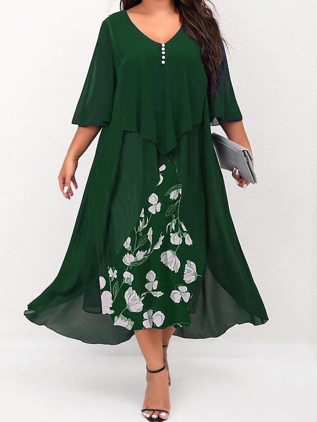 Women's Plus Size Curve Work Dress Floral V Neck Ruched 3/4 Length Sleeve Spring Summer Work Elegant Midi Dress  Layered Formal Vacation Dress - LuckyFash™
