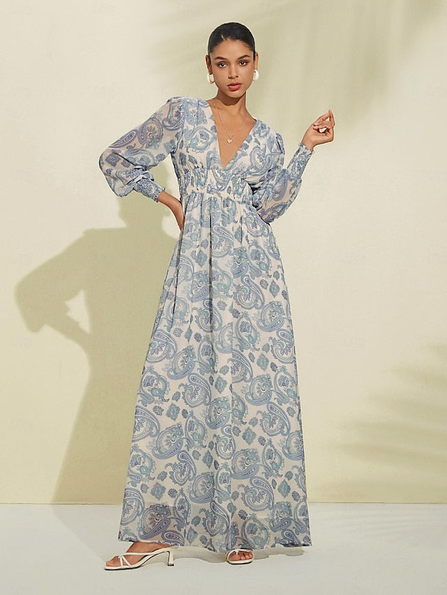 Chiffon Paisley Print Elastic Waist Maxi Wedding Guest Dress