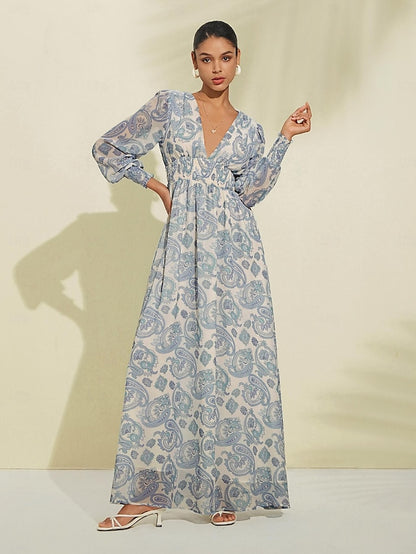 Chiffon Paisley Print Elastic Waist Maxi Wedding Guest Dress