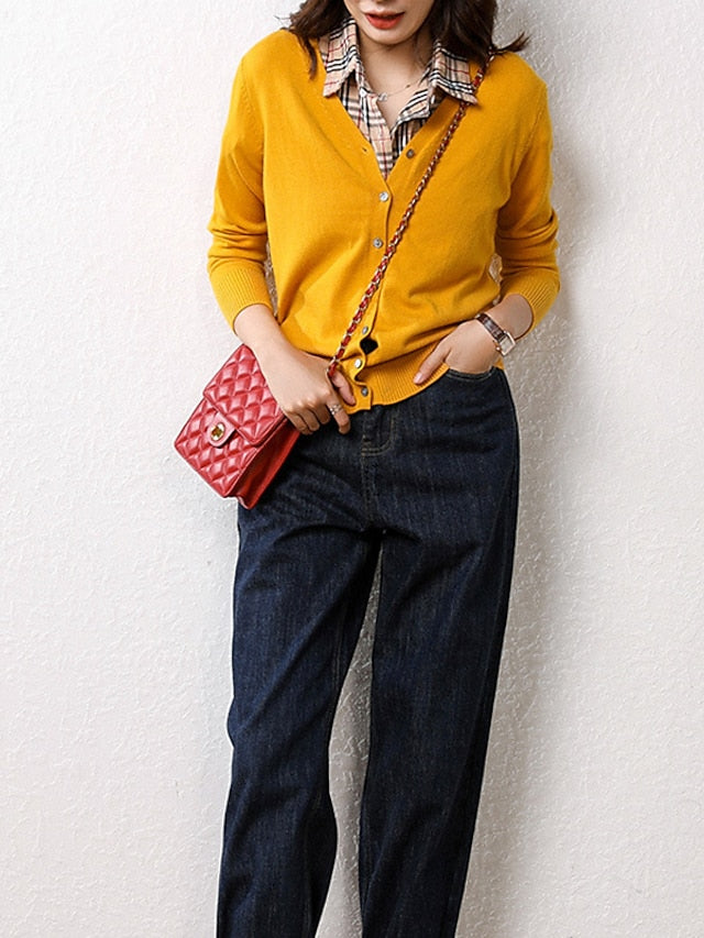 Women's Cardigan Sweater V Neck Ribbed Knit Polyester Button Fall Winter Short Daily Going out Weekend Stylish Casual Soft Long Sleeve Solid Color Haze blue Black White S M L