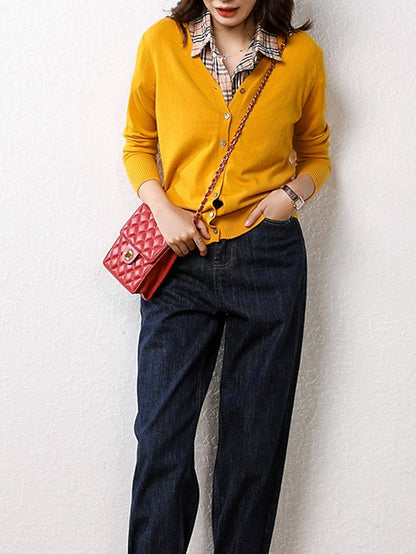 Women's Cardigan Sweater V Neck Ribbed Knit Polyester Button Fall Winter Short Daily Going out Weekend Stylish Casual Soft Long Sleeve Solid Color Haze blue Black White S M L