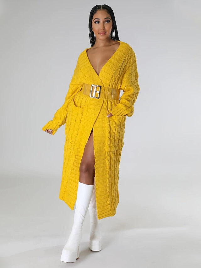 Women's Cardigan Sweater V Neck Chunky Knit Cotton Knitted Drop Shoulder Fall Winter Tunic Home Daily Sexy Long Sleeve Solid Color Red Brown Black Yellow S M L