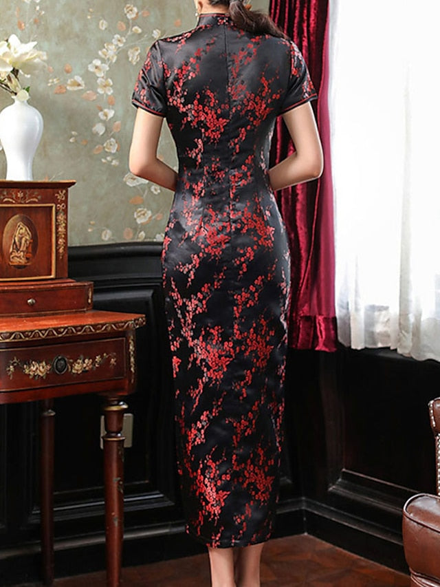 Women's Dress - Semi Formal Dress Sheath Dress Cheongsam Dress Maxi long Dress Black Pink Wine Short Sleeve Floral Embroidered Summer Spring Mandarin Collar Elegant Wedding Guest Spring Dress Slim 2023 S M L