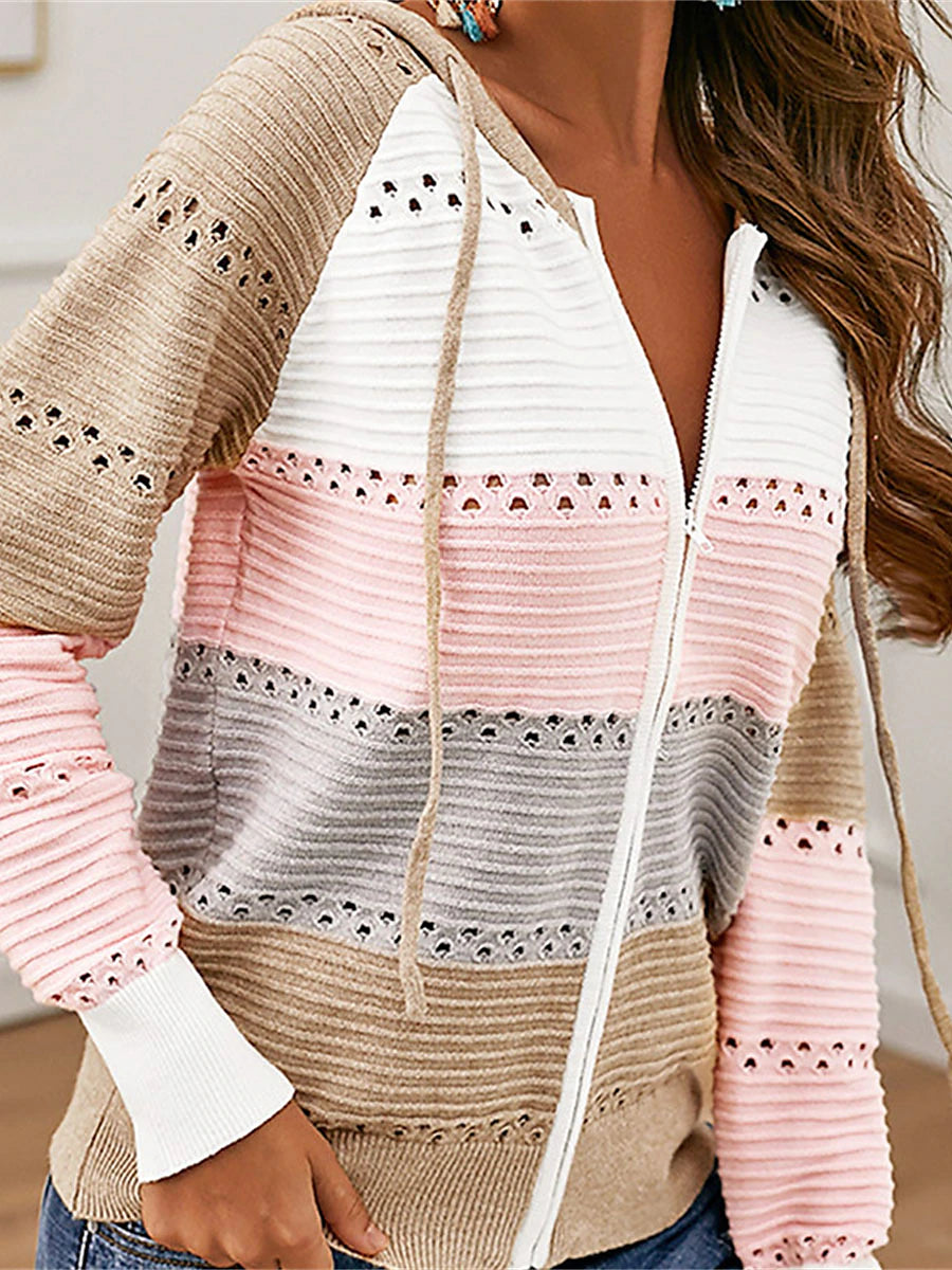 Women's Cardigan Sweater Hooded Ribbed Knit Acrylic Patchwork Zipper Hooded Spring Fall Outdoor Daily Going out Stylish Casual Soft Long Sleeve Color Block Black Pink Gray S M L