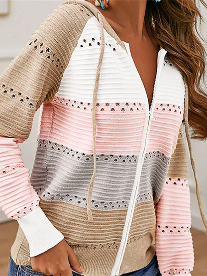Women's Cardigan Sweater Hooded Ribbed Knit Acrylic Patchwork Zipper Hooded Spring Fall Outdoor Daily Going out Stylish Casual Soft Long Sleeve Color Block Black Pink Gray S M L