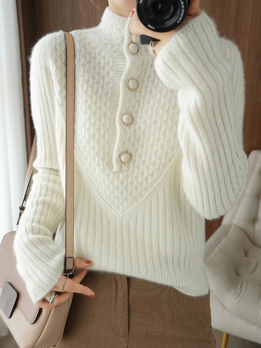 Women's Cardigan Stand Collar Ribbed Knit Polyester Button Knitted Fall Winter Regular Outdoor Daily Going out Stylish Casual Soft Long Sleeve Solid Color White Khaki S M L